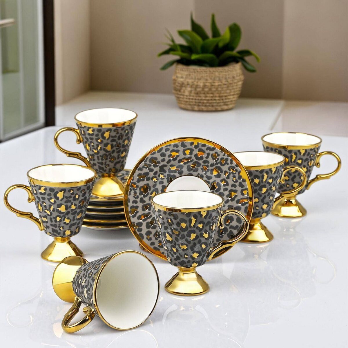 Kosova Gri Gold Leopar Ayaklı 6 Kişilik Porselen Kahve Fincan Takımı 90 ml
