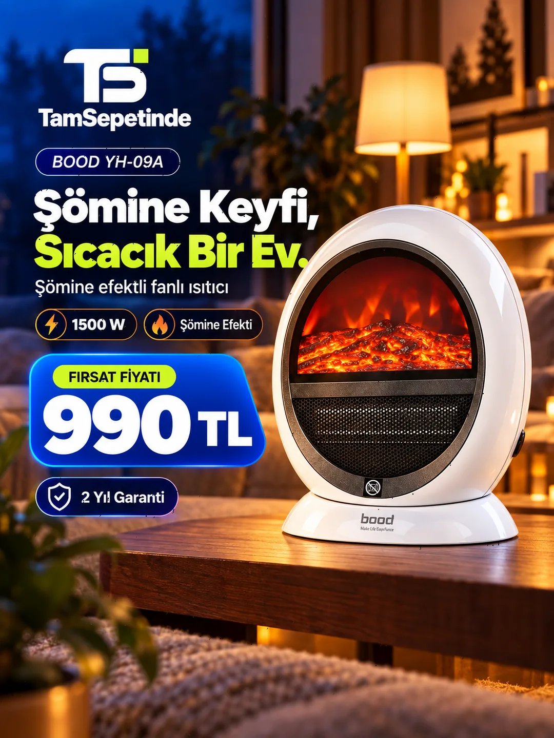 BOOD YH-09A şömine efektli fanlı ısıtıcı için TamSepetinde tanıtım görseli