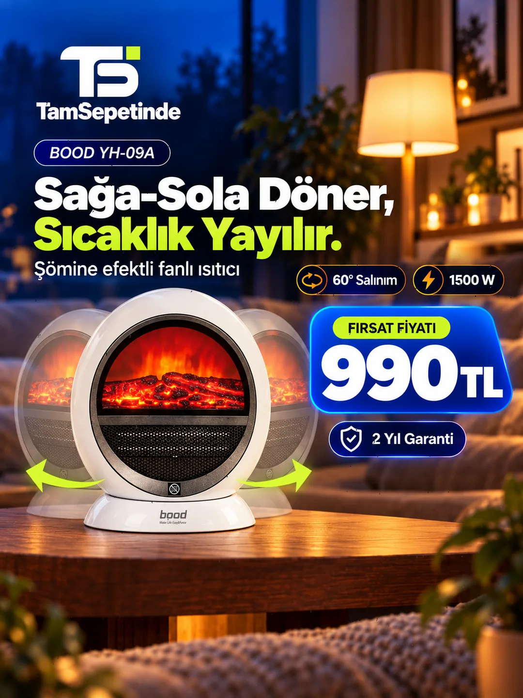 BOOD YH-09A şömine efektli ısıtıcının farklı ürün tanıtım kompozisyonu