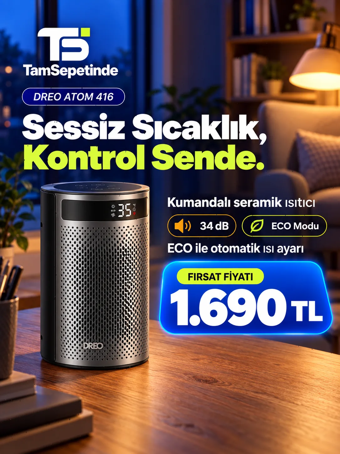 DREO Atom 416 seramik ısıtıcının farklı ürün tanıtım kompozisyonu